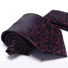 Anyagában mintás, fekete-bordó nyakkendő díszzsebkendővel