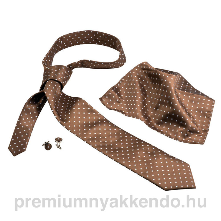 Pöttyös selyem nyakkendő-szett barna színben