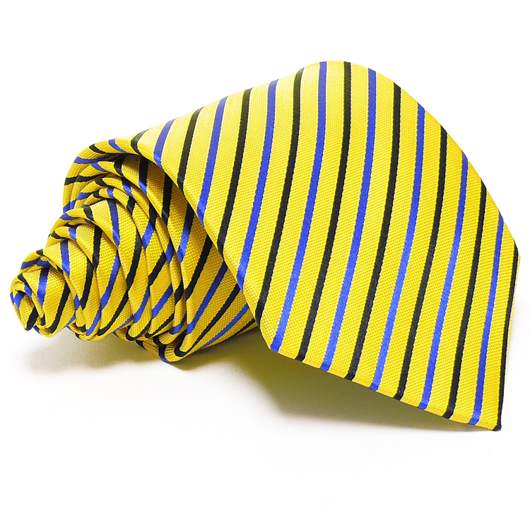 Citromsárga selyem nyakkendő - tengerészkék csíkos