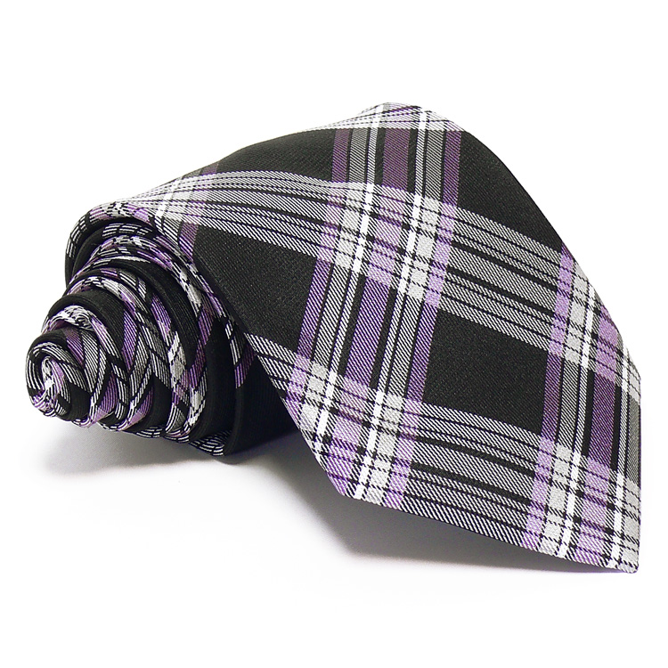 Fekete selyem nyakkendő - fehér-lila csíkos