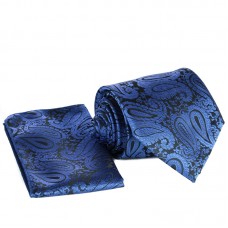 Anyagában virágmintás, sötét kék nyakkendő díszzsebkendővel